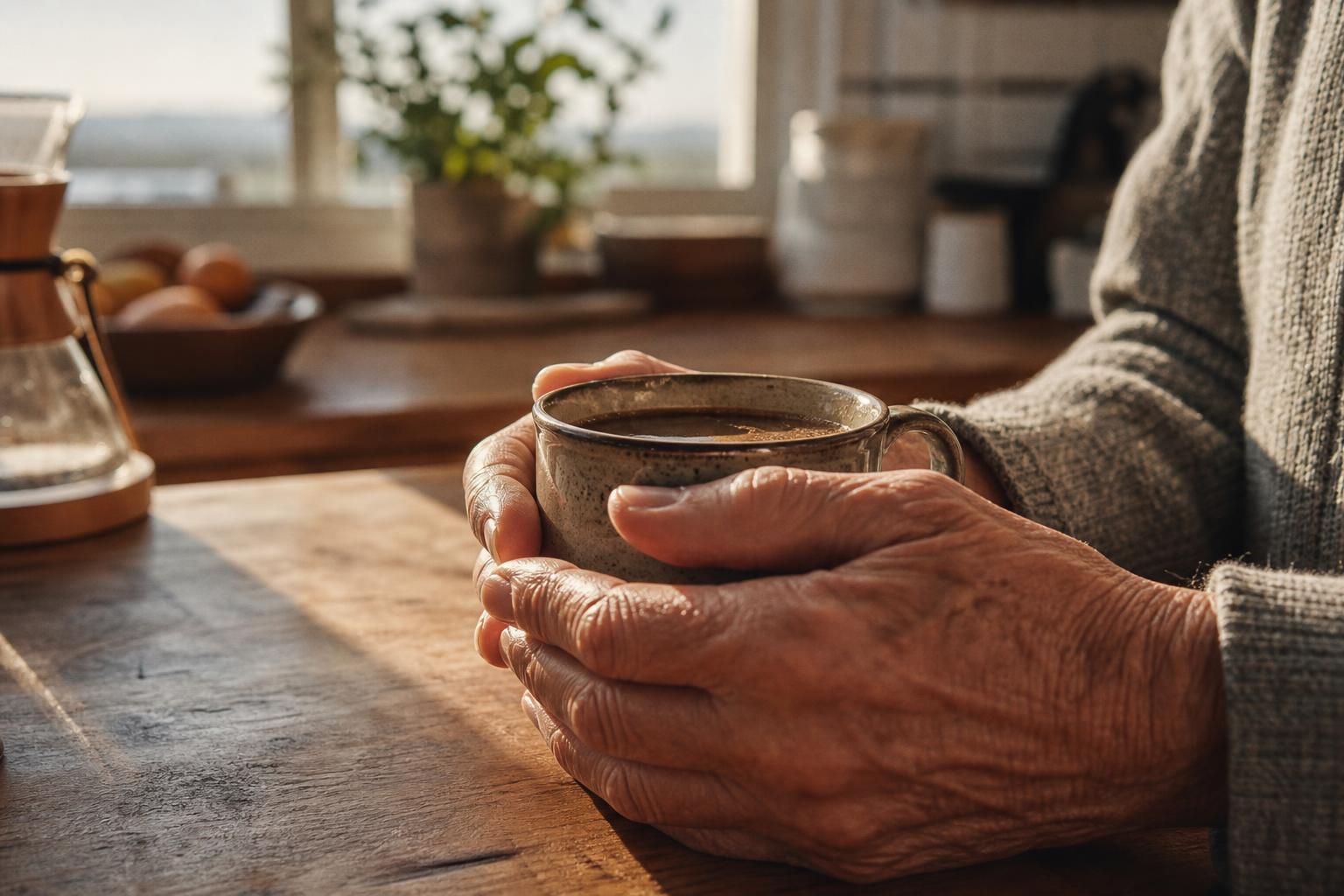 Elderly hands cradling a warm ceramic mug at a sunlit kitchen counter in a Newport Beach home