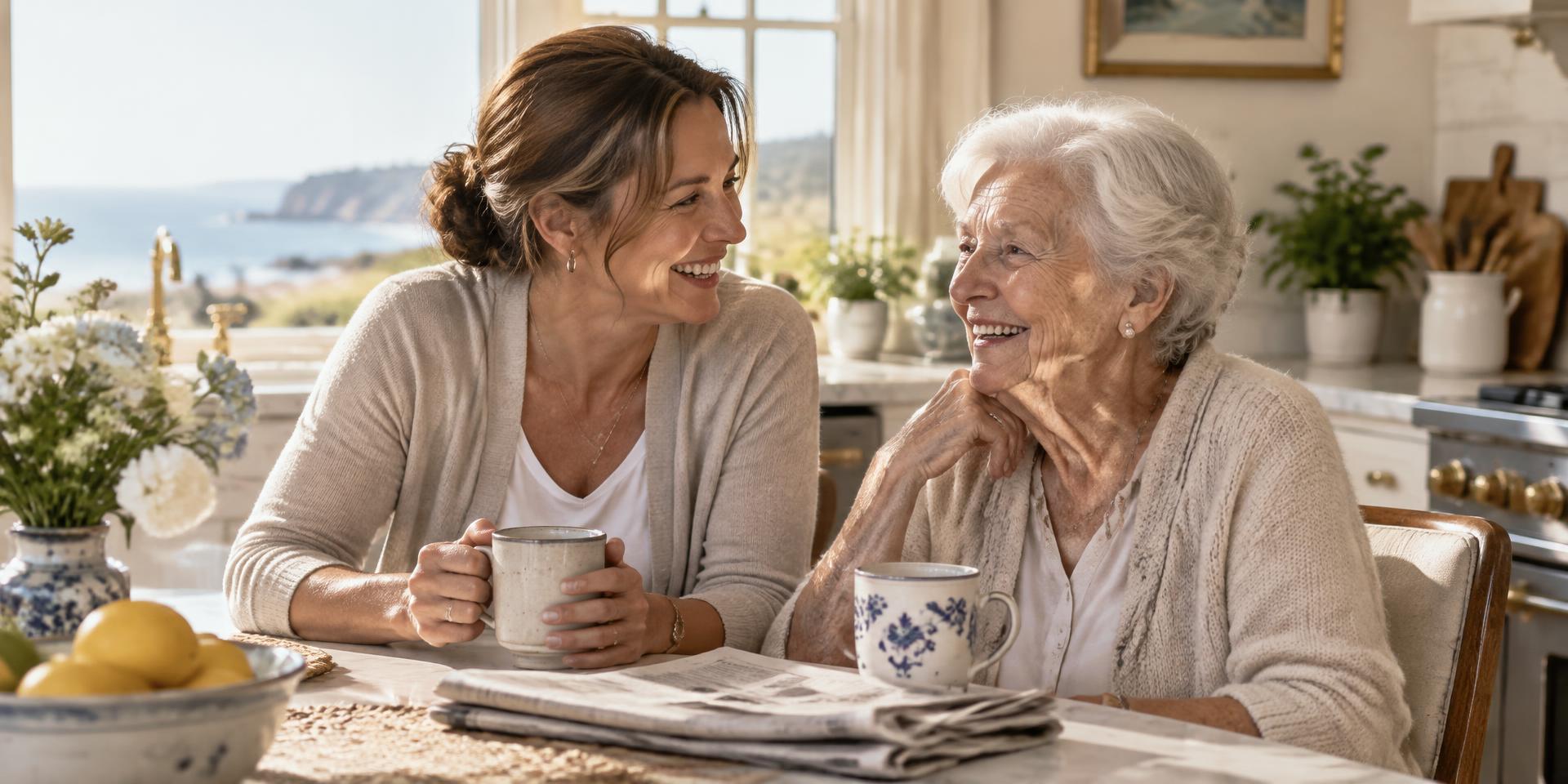 A caregiver and an older client sharing a laugh over coffee at the kitchen table